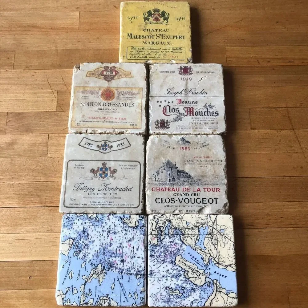Set of 7 Square Natural Stone Marble Coasters French Wine Labels Maps 4